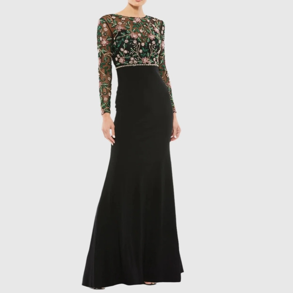 Embellished Long Sleeve Black Evening Gown with Floral Bodice